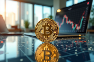 Bitcoin doré en évidence avec graphiques en hausse