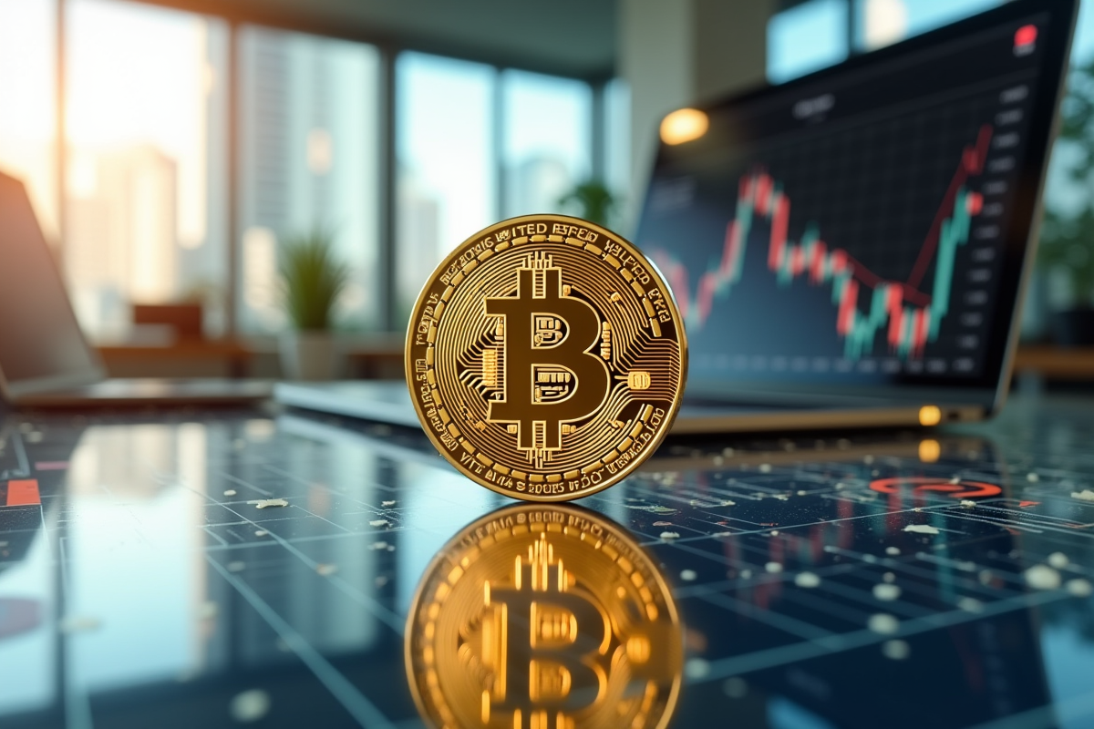 Bitcoin doré en évidence avec graphiques en hausse
