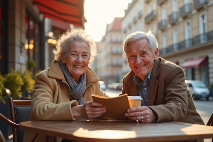 Couple senior souriant au café en ville avec brochures