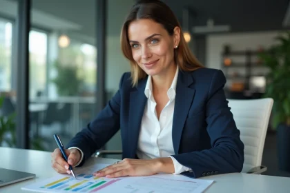 Femme d'affaires concentrée analysant des graphiques ROI