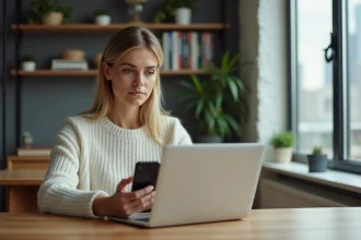 Femme confiante utilisant un ordinateur et smartphone dans un intérieur moderne