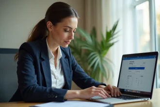 Femme professionnelle naviguant sur le portail mabanqueprivee.bnpparibas depuis son bureau à domicile