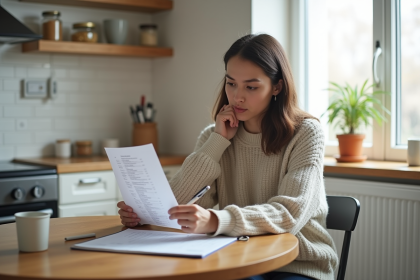 Femme en cuisine examinant une liste de dépenses