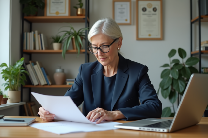Femme d'âge moyen travaillant à domicile dans un bureau lumineux