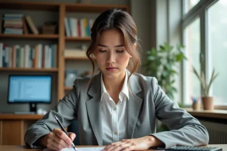 Femme employée examinant ses fiches de paie et calculant sa prime d'activité dans un bureau