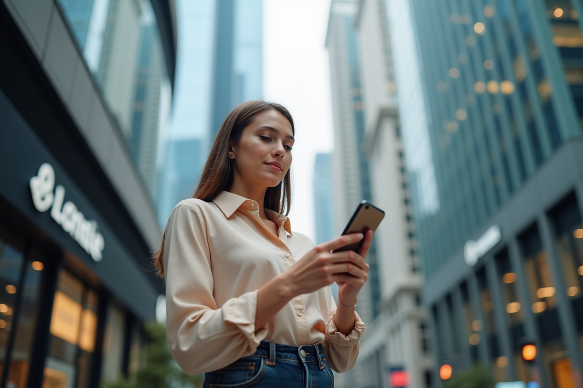 Jeune femme dans la ville financière avec smartphone
