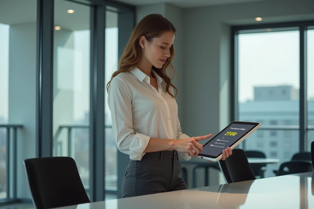 Jeune femme en tenue décontractée montre une proposition sur une tablette