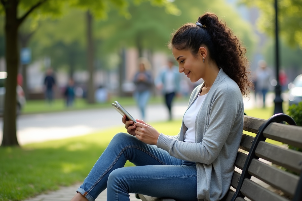 Femme indépendante utilisant une tablette dans un parc urbain