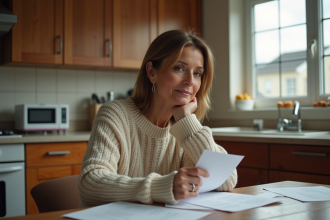 Femme réfléchissant à des papiers dans la cuisine chaleureuse