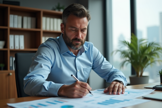 Homme d'affaires en réunion analysant des graphiques financiers