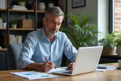 Homme d'affaires analysant des graphiques de dividendes en bureau