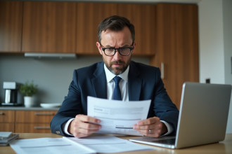 Homme d'affaires anxieux étudie un relevé financier à la maison
