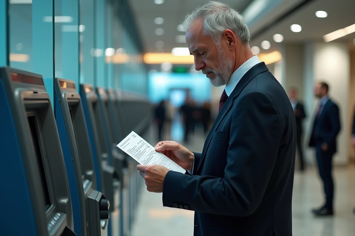 Homme vérifiant son reçu à un distributeur automatique en banque