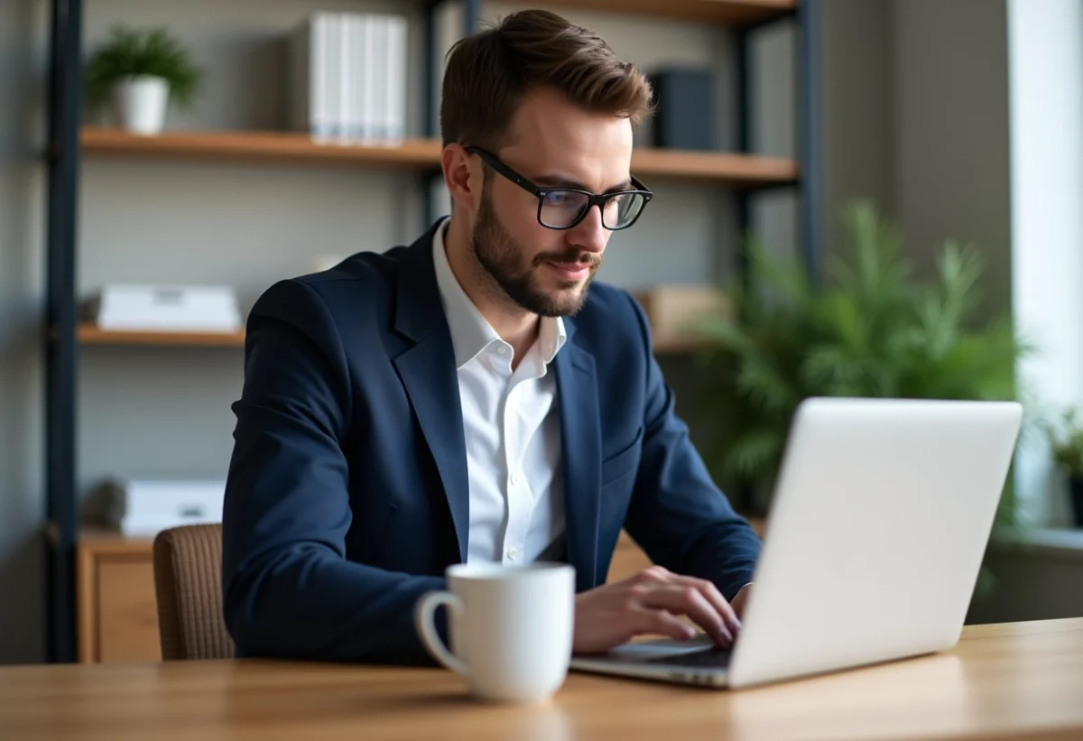 Homme concentré sur son ordinateur dans un bureau moderne