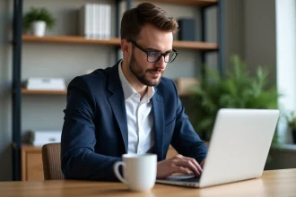 Homme concentré sur son ordinateur dans un bureau moderne