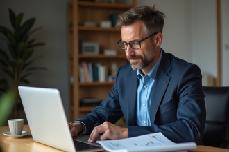 Homme d'âge moyen au bureau à domicile concentré