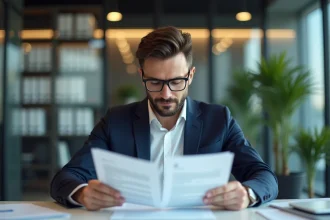 Homme en costume compare des documents de pret