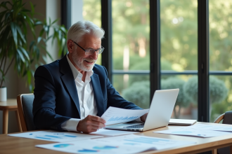 Homme d'âge moyen étudiant des documents financiers dans un appartement lumineux