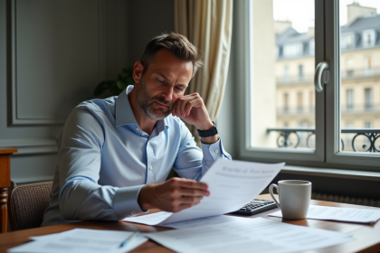 Homme d'âge moyen examinant des papiers financiers dans un appartement parisien