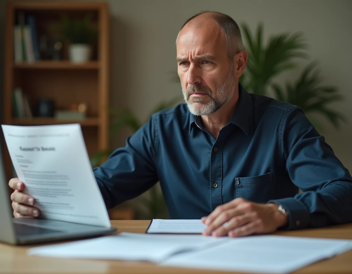 Homme inquiet lisant une lettre de refus bancaire à son bureau avec des documents financiers éparpillés, illustrant l'impact de l'interdit bancaire
