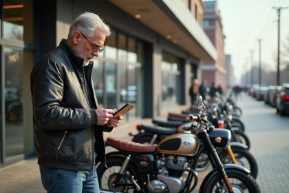 Homme d'âge moyen examinant motos rétro en ville