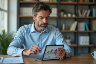 Homme d'affaires analysant des graphiques financiers sur une tablette