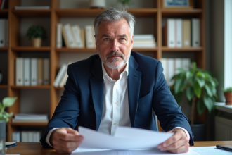Homme d'âge moyen lisant des documents de retraite dans son bureau