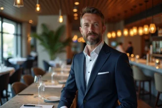 Homme d'affaires en costume bleu dans un restaurant élégant