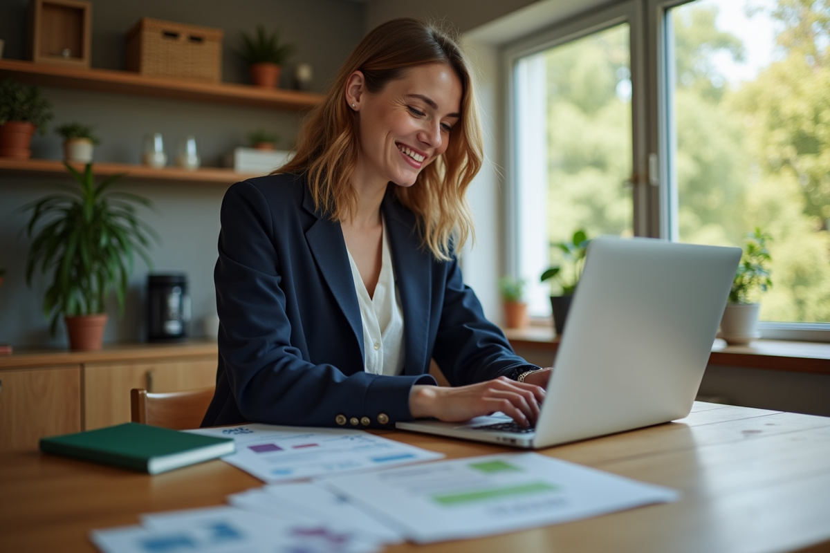 Jeune femme en blazer bleu travaillant sur un ordinateur portable