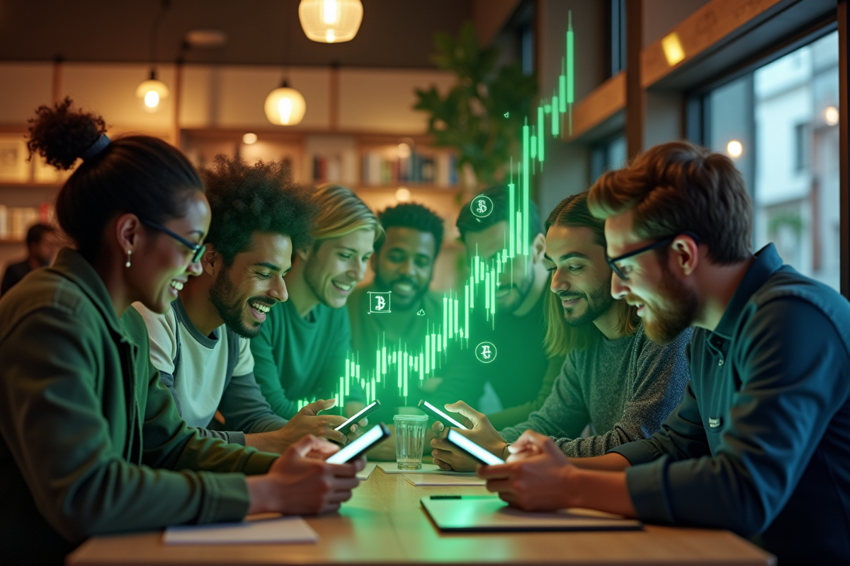 Jeunes professionnels regardant leur smartphone avec graphique crypto
