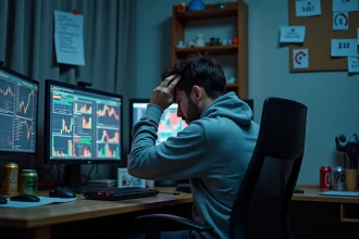 Joueur frustré devant des graphiques boursiers sur plusieurs écrans dans un bureau à domicile encombré, illustrant les difficultés de la stratégie bourse Lester dans GTA 5