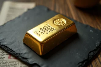 Lingot d'or 250g posé sur une ardoise noire avec journal financier, détail des inscriptions de pureté et de poids