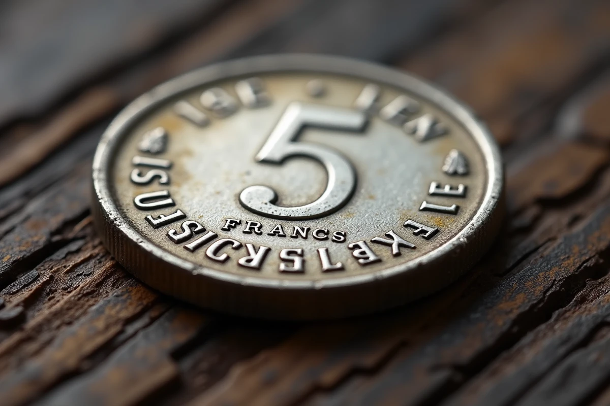 Pièce de 5 francs 1960 en argent posée sur une surface en bois, détail macro du motif Hercule avec patine d'oxydation naturelle