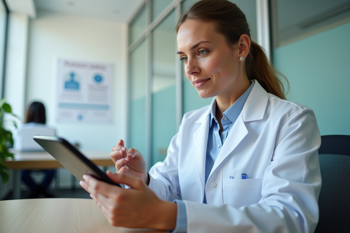 Femme medecin examinant un dossier sur tablette