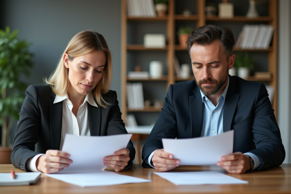 Une femme et un homme en affaires concentrés sur des documents