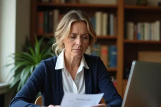 Femme consultant un reçu Western Union à son bureau pour suivre un transfert d'argent