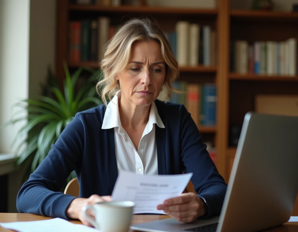 Femme consultant un reçu Western Union à son bureau pour suivre un transfert d'argent