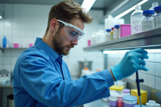 Jeune technicien en laboratoire avec appareil de diagnostic