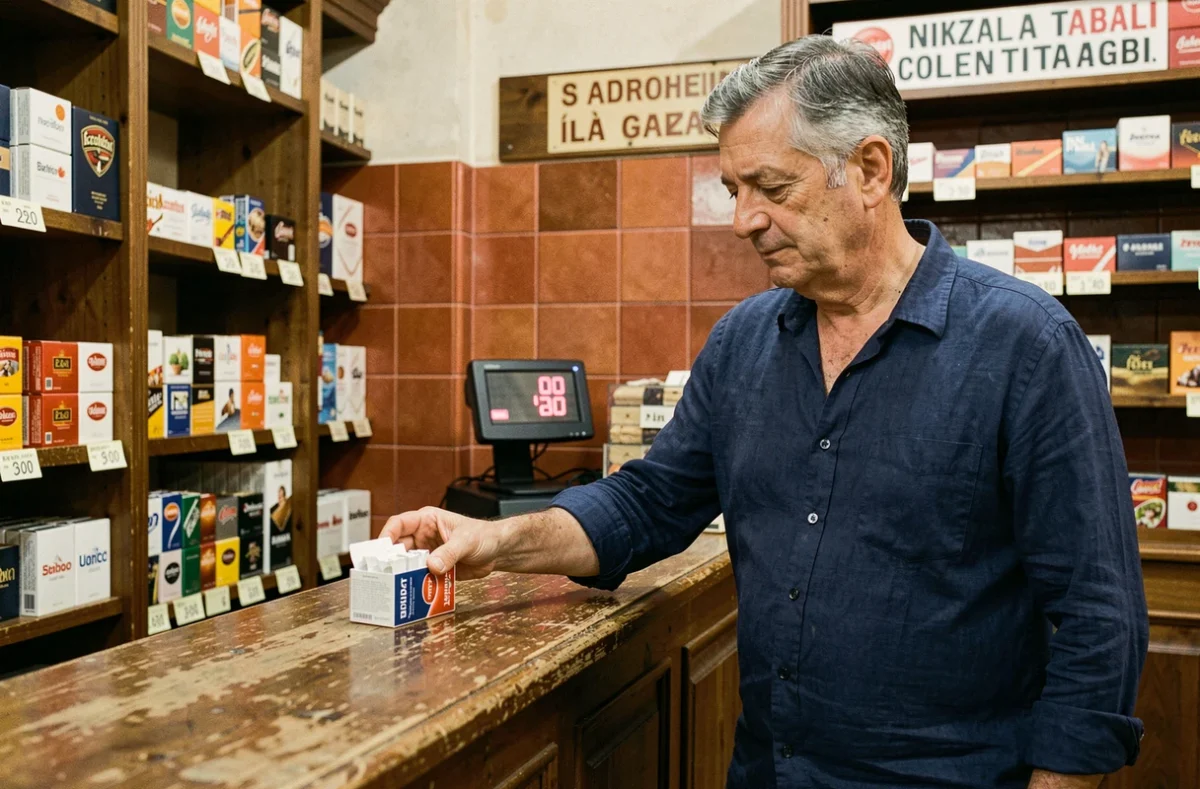 Un homme achetant un paquet de cigarettes dans un bureau de tabac italien à Rome avec affichage des prix en euros