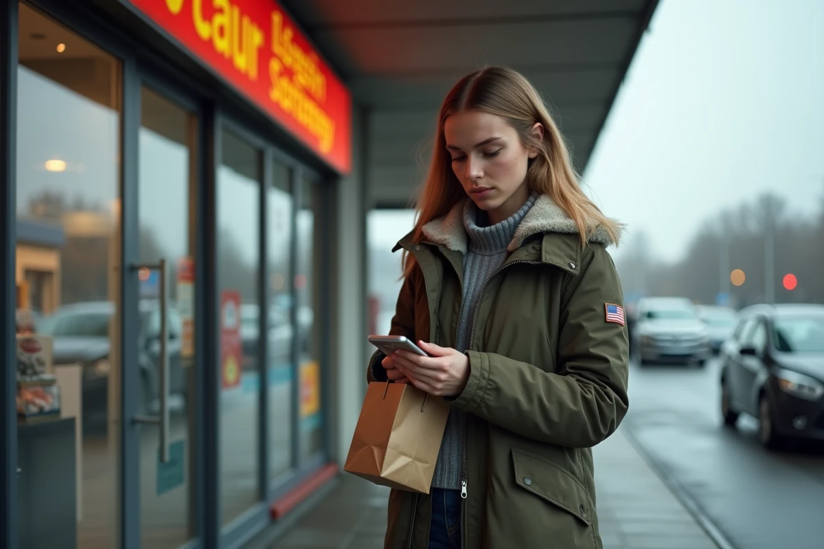 Jeune femme tenant un achat de tabac devant une boutique d'autoroute allemande en automne