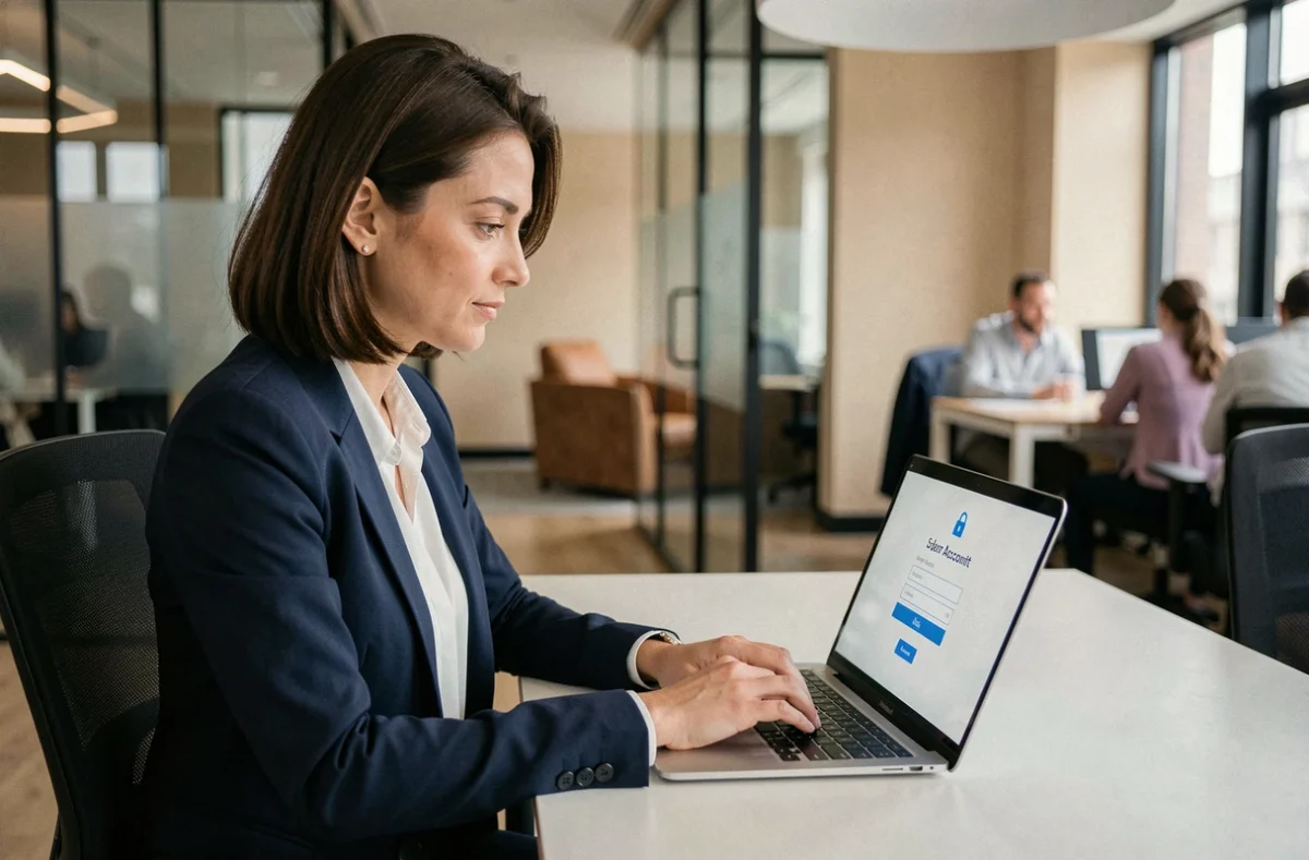 Femme professionnelle activant un compte sécurisé Arkevia sur un ordinateur portable en entreprise