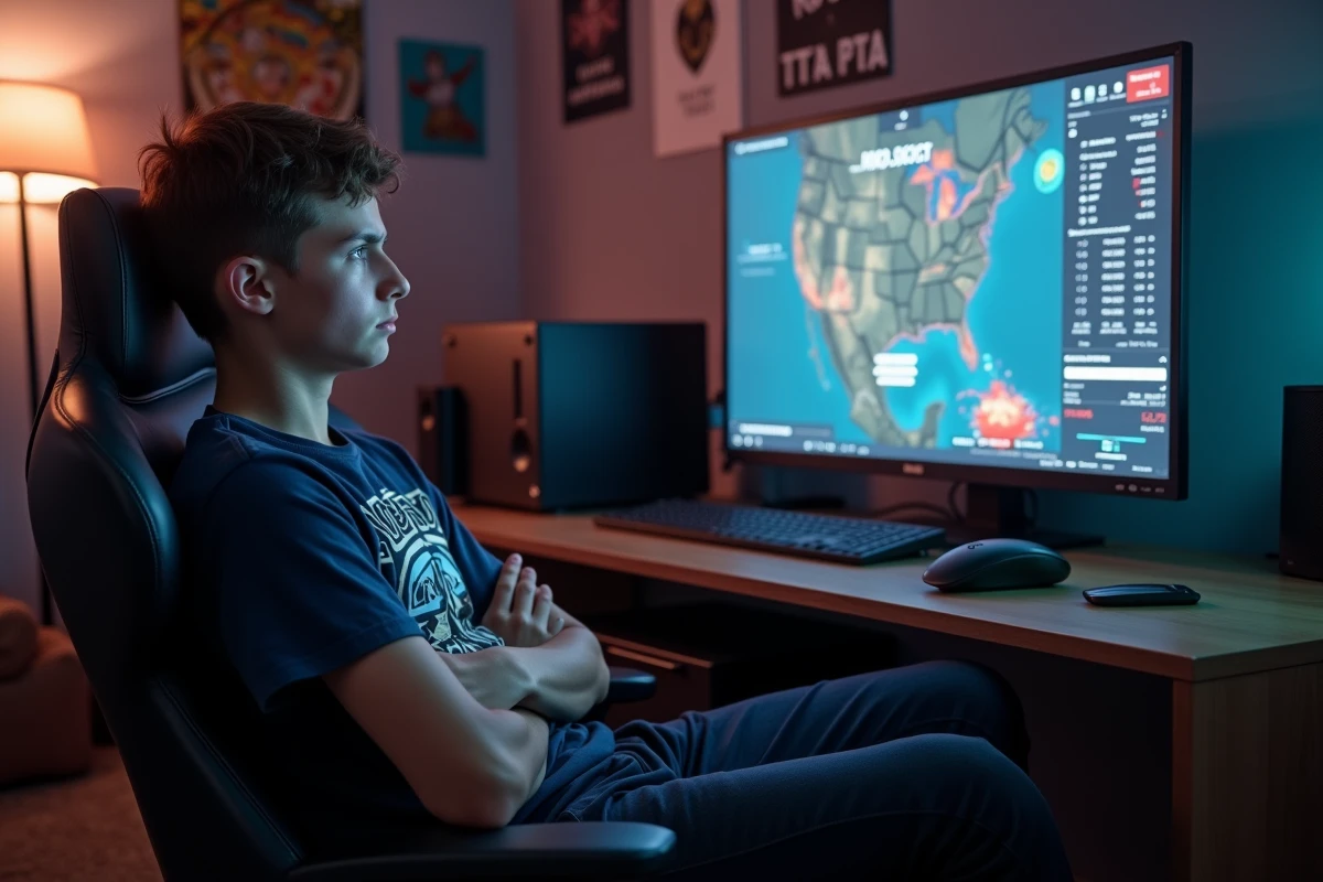 Adolescent déçu dans un fauteuil gaming regardant un portefeuille boursier négatif dans GTA 5 après une tentative de manipulation avec Lester
