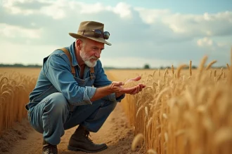 Agriculteur français examinant des grains de blé dans sa main au cœur d'une parcelle de blé mûr, illustrant les enjeux du prix du quintal de blé fermage 2026