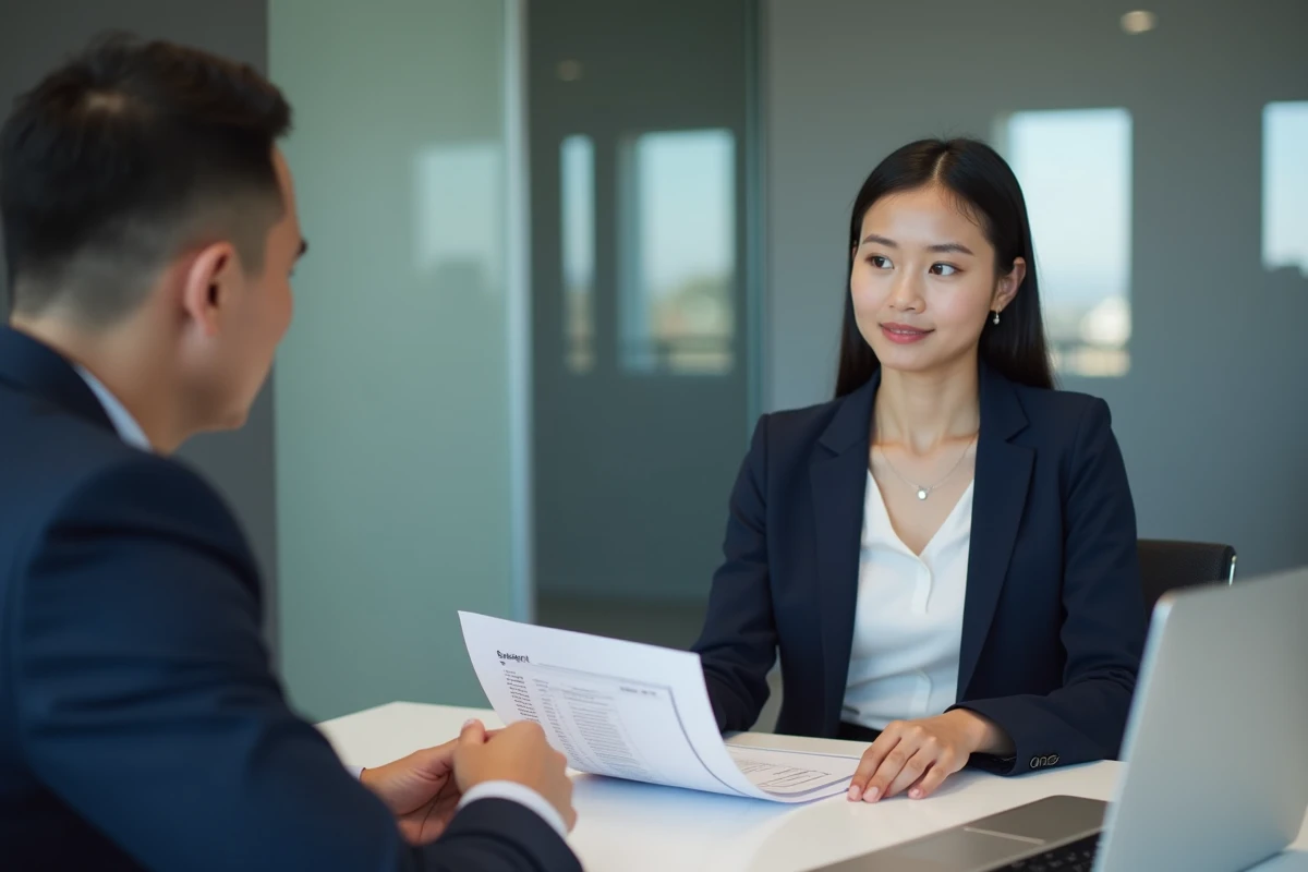 Jeune alternante discutant de son salaire net avec un responsable RH en salle de réunion