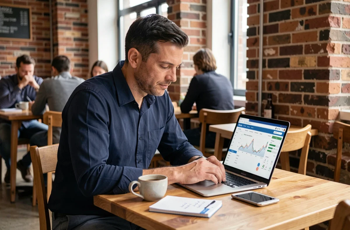 Homme analysant un tableau de bord d'épargne en ligne sur ordinateur portable dans un café urbain moderne