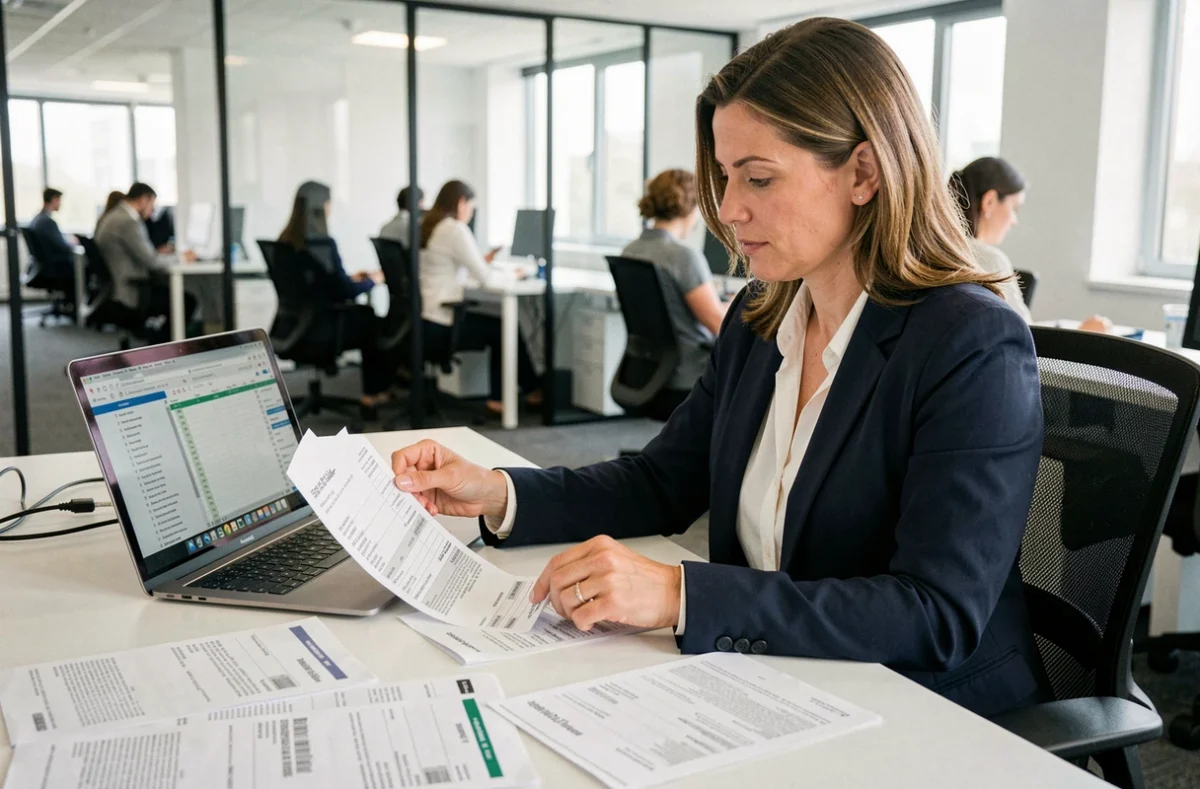 Femme cadre en entreprise analysant des fiches de paie et des documents de salaire brut net sur son bureau