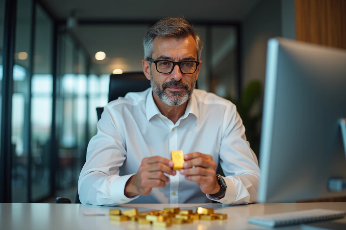Analyste financier tenant un lingot d'or 250g dans les mains avec graphique de cours de l'or en arrière-plan