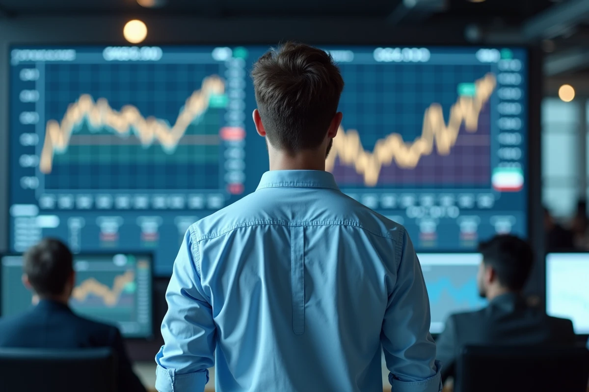 Analyste financier tchèque devant un tableau de données économiques et de taux de change dans un bureau moderne