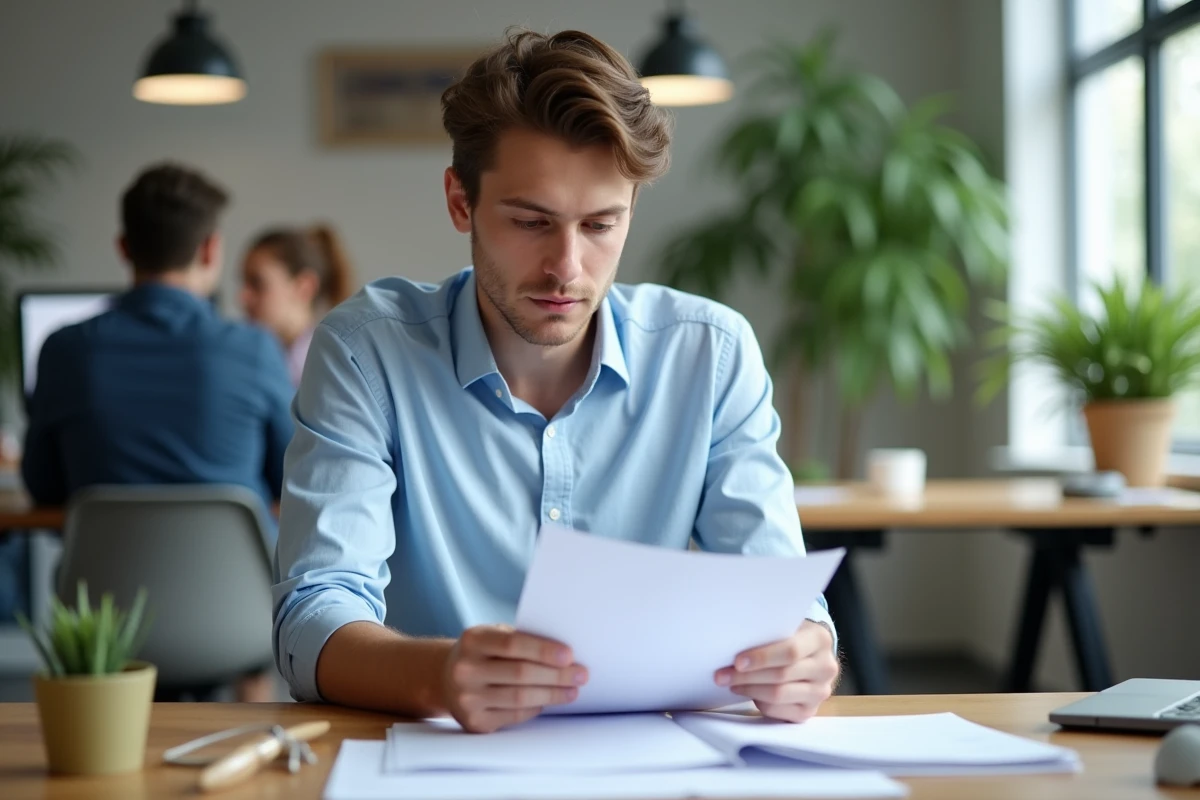 Jeune apprenti en alternance examinant sa fiche de paie dans un bureau moderne