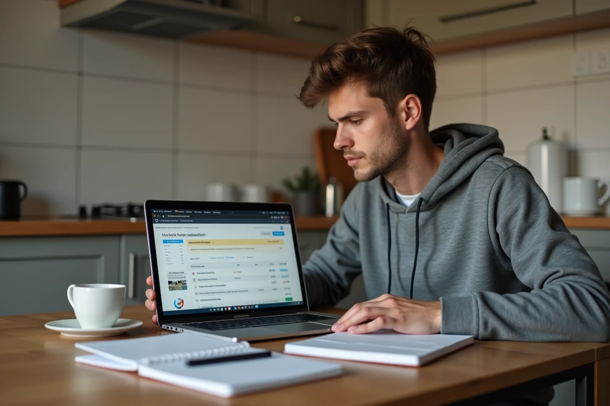 Apprenti calculant son salaire net de 2200 euros brut sur un ordinateur portable à la maison